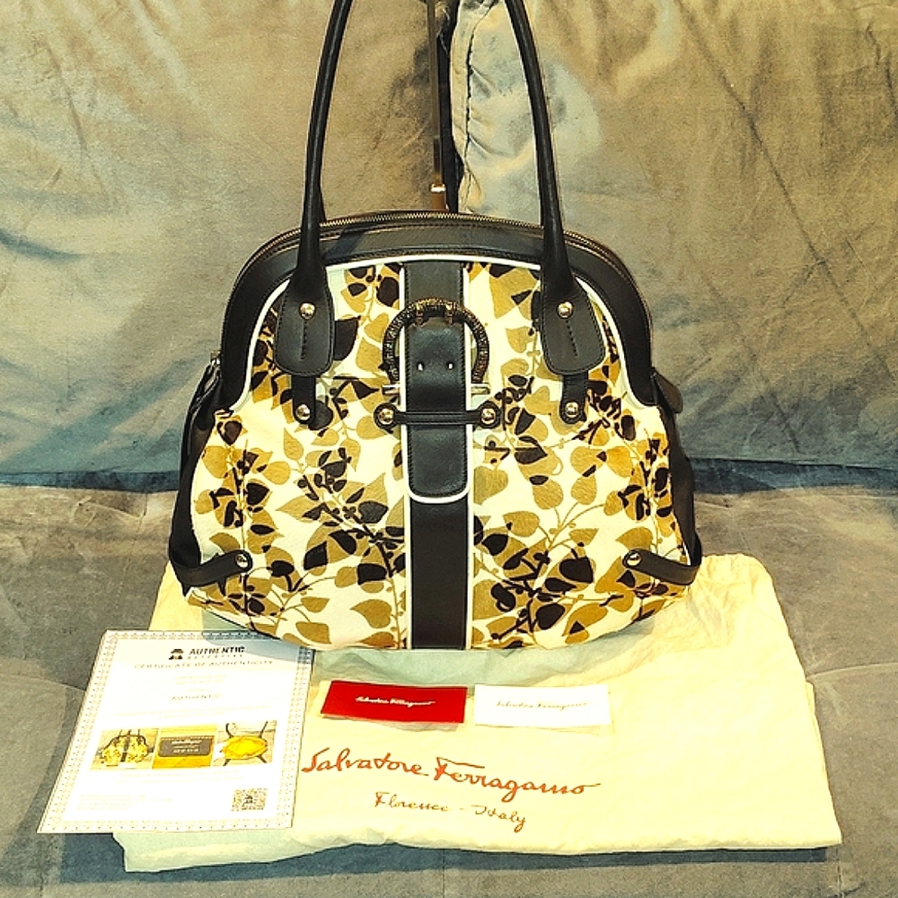 VINTAGE SALVATORE FERRAGAMO FLORAL PONY HAIR & LEATHER SATCHEL WITH COA